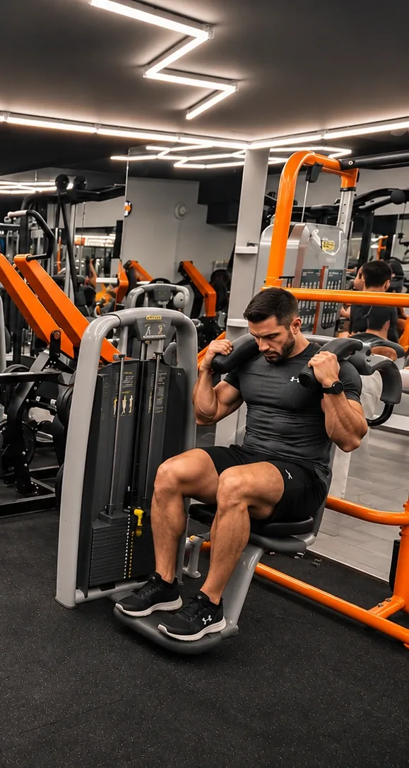 Muškarac trenira na spravi za potisak ramena u teretani DowntownGym